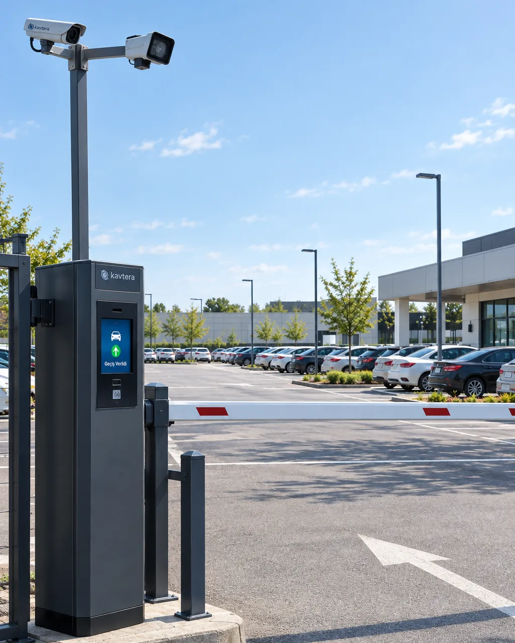 Otopark girişinde direğe monte plaka tanıma kameraları ve ekranında Geçiş Verildi yazan KAVTERA kiosku; bariyer açık